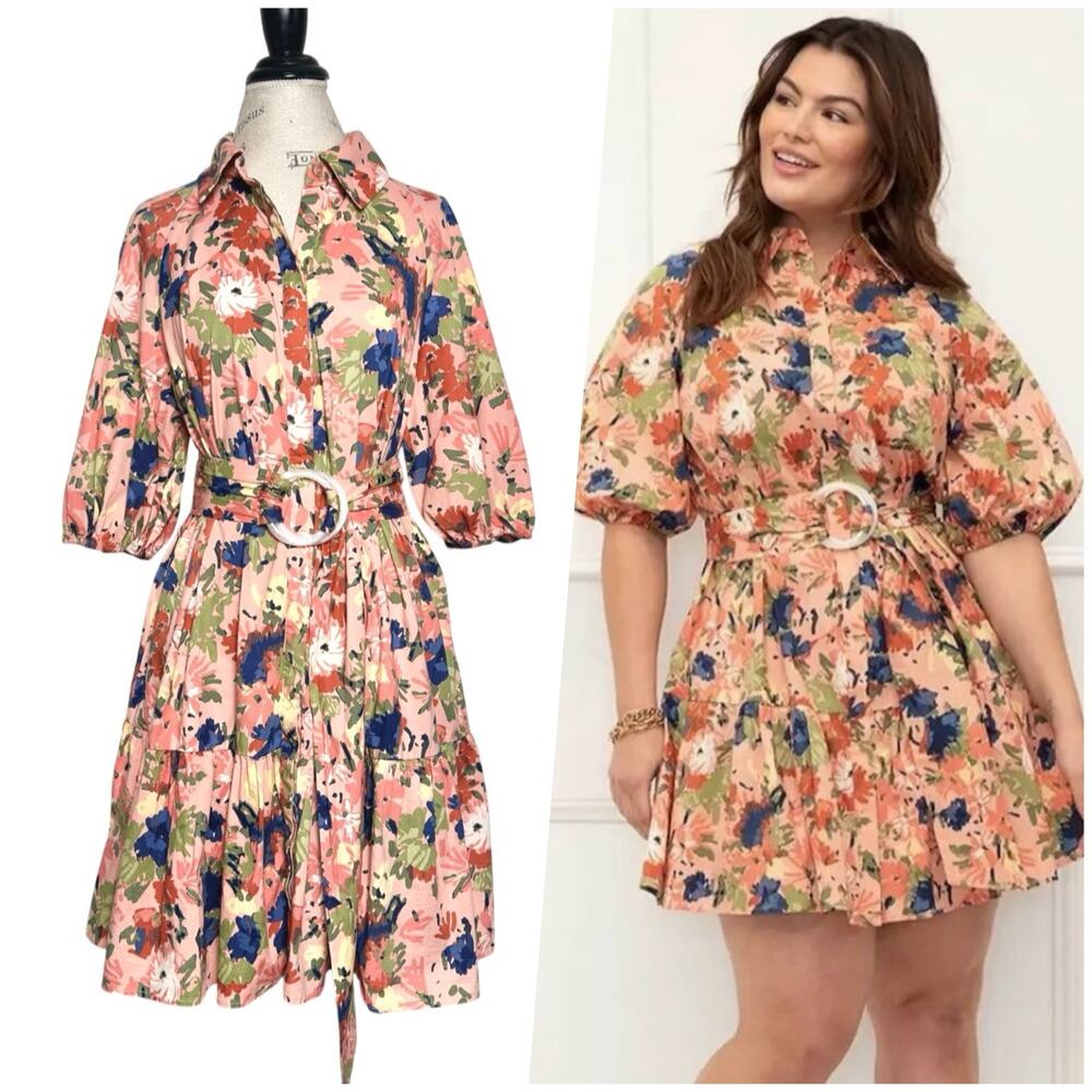 Eloquii | Women | Elements Floral Flounce Belted Button Front Mini Dress | Sz 16
